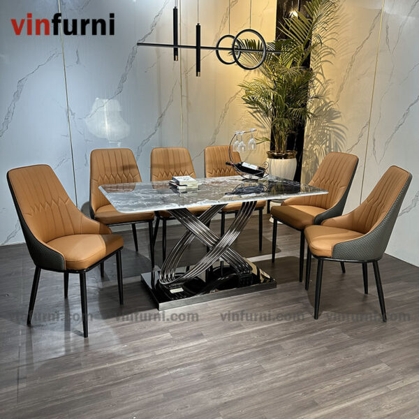 Bộ bàn ghế ăn nhập khẩu mặt đá tinh thể thạch anh BA02
