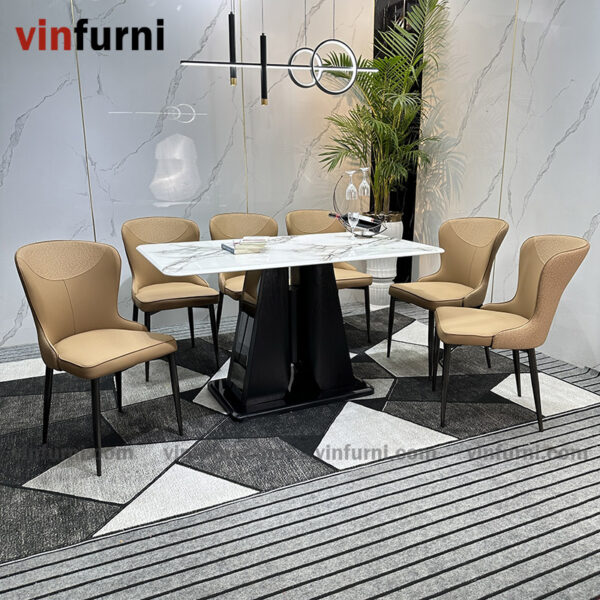 Bộ bàn ăn mặt đá nhập khẩu chân trụ sơn đen cao cấp BA12