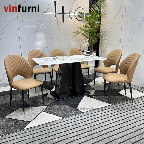 Bộ bàn ăn mặt đá nhập khẩu chân trụ sơn đen cao cấp BA12