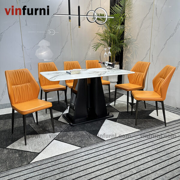 Bộ bàn ăn mặt đá nhập khẩu chân trụ sơn đen cao cấp BA12