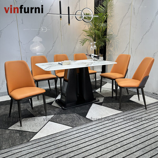 Bộ bàn ăn mặt đá nhập khẩu chân trụ sơn đen cao cấp BA12