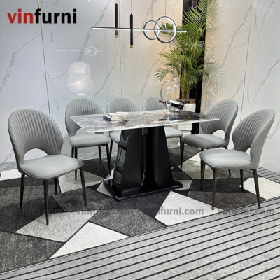 Bộ bàn ăn mặt đá nhập khẩu chân trụ sơn đen cao cấp BA12