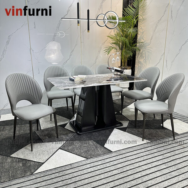 Bộ bàn ăn mặt đá nhập khẩu chân trụ sơn đen cao cấp BA12