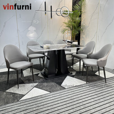Bộ bàn ăn mặt đá nhập khẩu chân trụ sơn đen cao cấp BA12