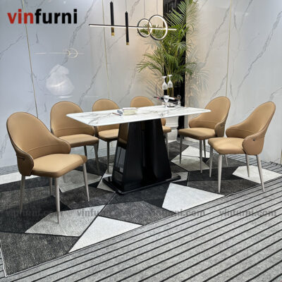 Bộ bàn ăn mặt đá nhập khẩu chân trụ sơn đen cao cấp BA12