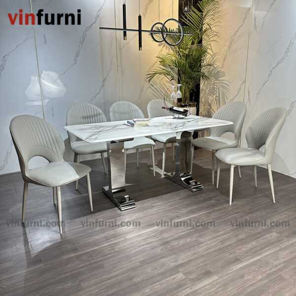 Bộ bàn ăn mặt đá tinh thể thạch anh chân 2 chữ I inox BA14