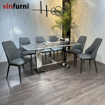 Bộ bàn ăn mặt đá tinh thể thạch anh chân 2 chữ I inox BA14