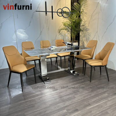 Bộ bàn ăn mặt đá tinh thể thạch anh chân 2 chữ I inox BA14