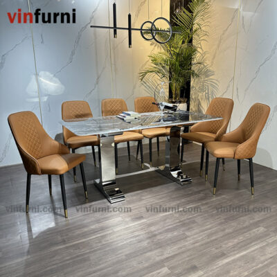Bộ bàn ăn mặt đá tinh thể thạch anh chân 2 chữ I inox BA14