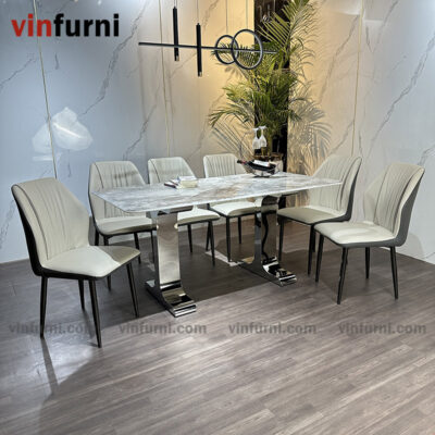 Bộ bàn ăn mặt đá tinh thể thạch anh chân 2 chữ I inox BA14