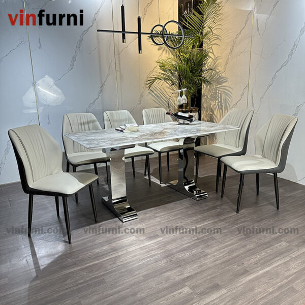 Bộ bàn ăn mặt đá tinh thể thạch anh chân 2 chữ I inox BA14