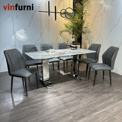 Bộ bàn ăn mặt đá tinh thể thạch anh chân 2 chữ I inox BA14