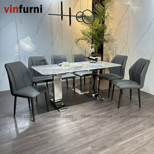 Bộ bàn ăn mặt đá tinh thể thạch anh chân 2 chữ I inox BA14