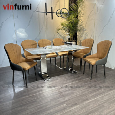 Bộ bàn ăn mặt đá tinh thể thạch anh chân 2 chữ I inox BA14