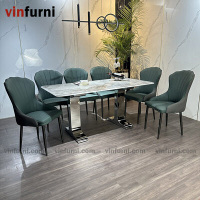 Bộ bàn ăn mặt đá tinh thể thạch anh chân 2 chữ I inox BA14