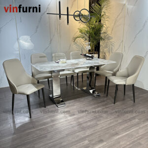 Bộ bàn ăn mặt đá tinh thể thạch anh chân 2 chữ I inox BA14