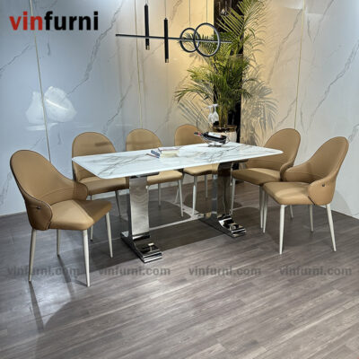 Bộ bàn ăn mặt đá tinh thể thạch anh chân 2 chữ I inox BA14