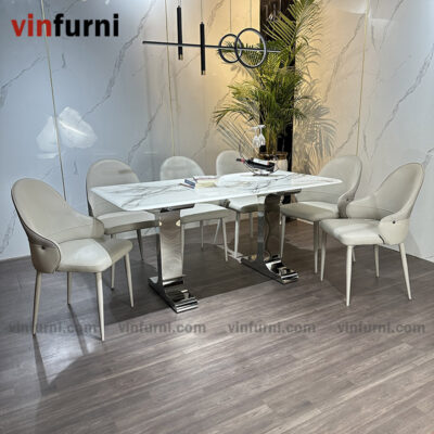 Bộ bàn ăn mặt đá tinh thể thạch anh chân 2 chữ I inox BA14