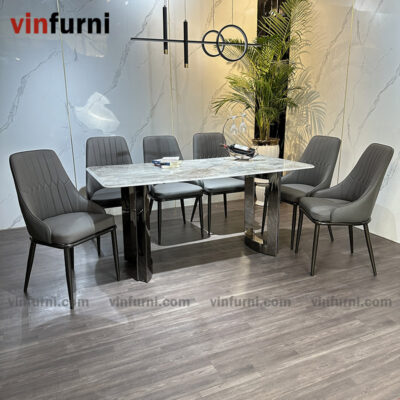 Bộ bàn ghế ăn mặt đá chân inox tối giản hiện đại BA13