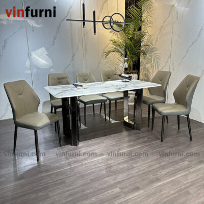 Bộ bàn ghế ăn mặt đá chân inox tối giản hiện đại BA13