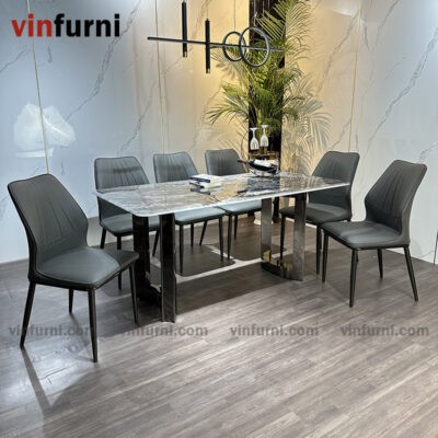 Bộ bàn ghế ăn mặt đá chân inox tối giản hiện đại BA13