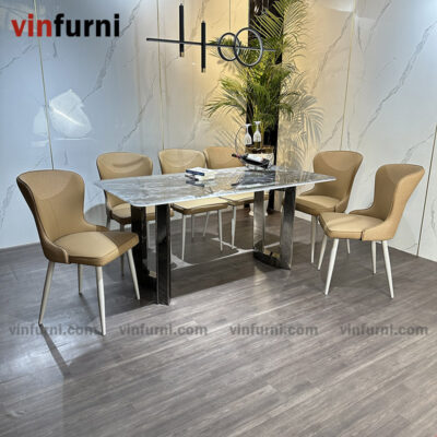 Bộ bàn ghế ăn mặt đá chân inox tối giản hiện đại BA13