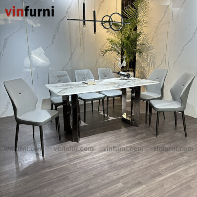 Bộ bàn ghế ăn mặt đá chân inox tối giản hiện đại BA13