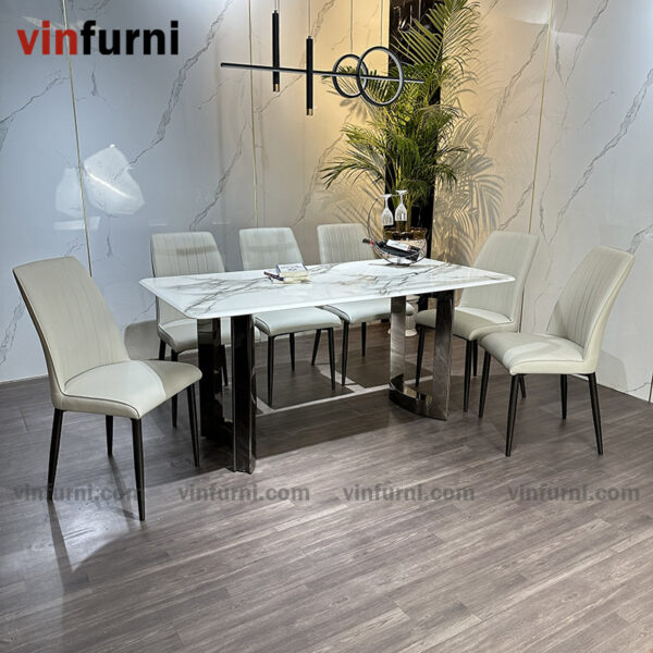 Bộ bàn ghế ăn mặt đá chân inox tối giản hiện đại BA13