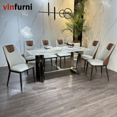Bộ bàn ghế ăn mặt đá chân inox tối giản hiện đại BA13