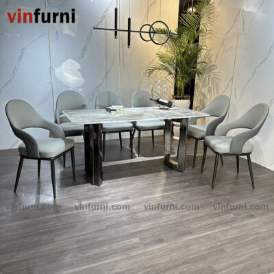 Bộ bàn ghế ăn mặt đá chân inox tối giản hiện đại BA13