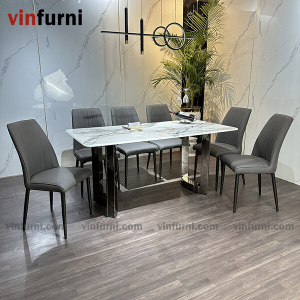 Bộ bàn ghế ăn mặt đá chân inox tối giản hiện đại BA13