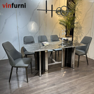 Bộ bàn ghế ăn nhập khẩu tông màu trắng ghi BA05