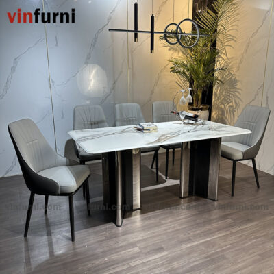 Bộ bàn ghế ăn nhập khẩu tông màu trắng ghi BA05