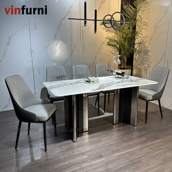 Bộ bàn ghế ăn nhập khẩu tông màu trắng ghi BA05