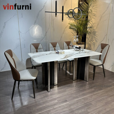Bộ bàn ghế ăn nhập khẩu tông màu trắng ghi BA05