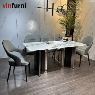 Bộ bàn ghế ăn nhập khẩu tông màu trắng ghi BA05