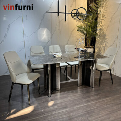 Bộ bàn ghế ăn nhập khẩu tông màu trắng ghi BA05