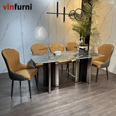 Bộ bàn ghế ăn nhập khẩu tông màu trắng ghi BA05