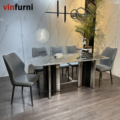 Bộ bàn ghế ăn nhập khẩu tông màu trắng ghi BA05