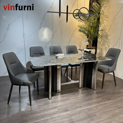 Bộ bàn ghế ăn nhập khẩu tông màu trắng ghi BA05