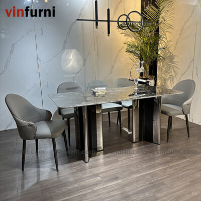 Bộ bàn ghế ăn nhập khẩu tông màu trắng ghi BA05