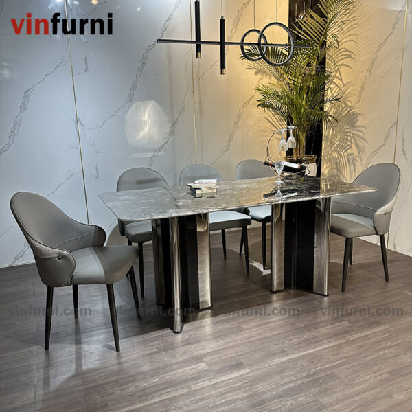 Bộ bàn ghế ăn nhập khẩu tông màu trắng ghi BA05