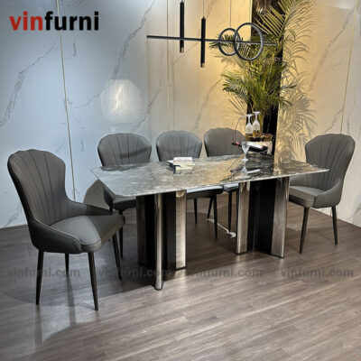 Bộ bàn ghế ăn nhập khẩu tông màu trắng ghi BA05