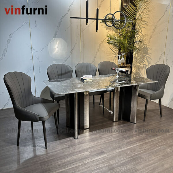 Bộ bàn ghế ăn nhập khẩu tông màu trắng ghi BA05