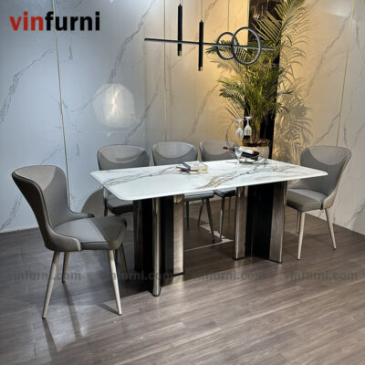 Bộ bàn ghế ăn nhập khẩu tông màu trắng ghi BA05