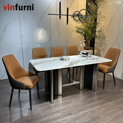 Bộ bàn ghế ăn nhập khẩu tông màu trắng ghi BA05