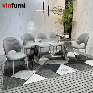 Bộ bàn ăn 2 chân V inox mặt đa nhập khẩu BA09