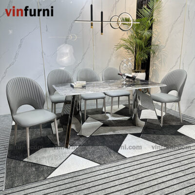 Bộ bàn ăn 2 chân V inox mặt đa nhập khẩu BA09