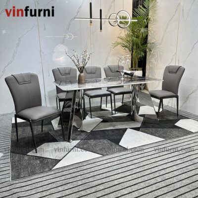 Bộ bàn ăn 2 chân V inox mặt đa nhập khẩu BA09