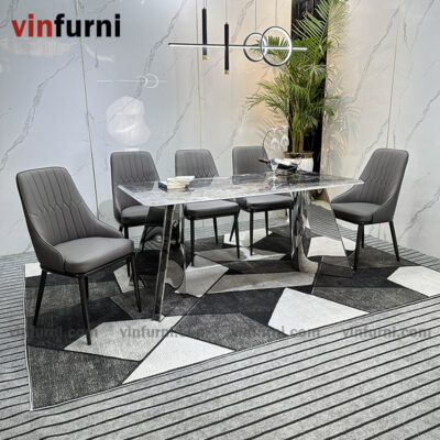 Bộ bàn ăn 2 chân V inox mặt đa nhập khẩu BA09